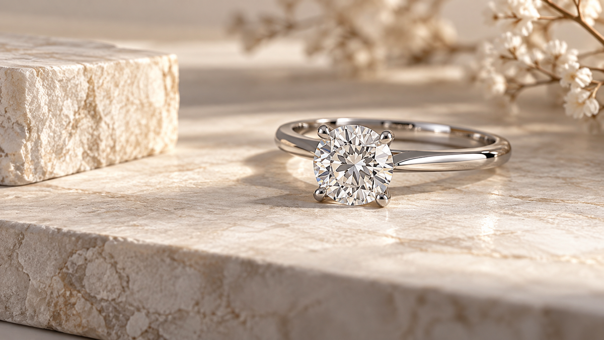 Lab-grown diamond engagement ring on an elegant cream marble background – MET DIAMOND