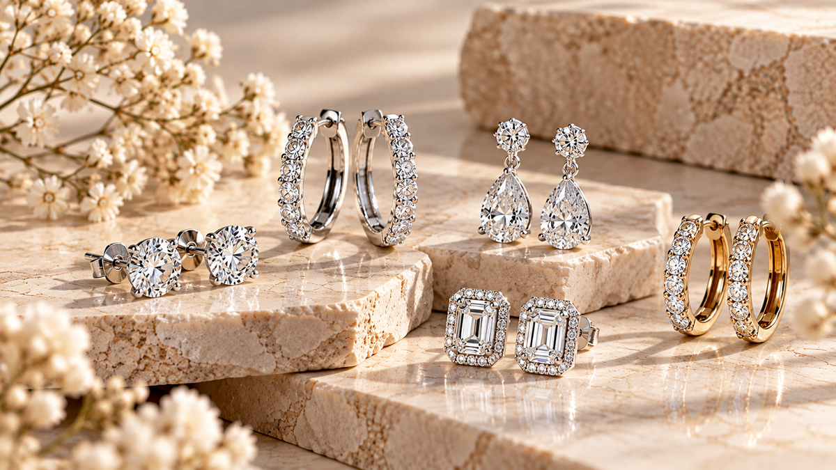 Lab-grown diamond stud, hoop and drop earrings displayed on cream marble – MET DIAMOND