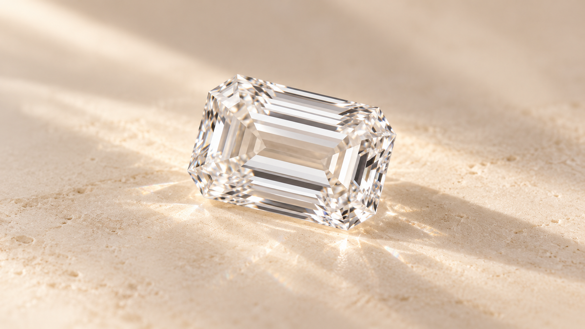 Emerald cut lab grown diamond on a warm ivory background