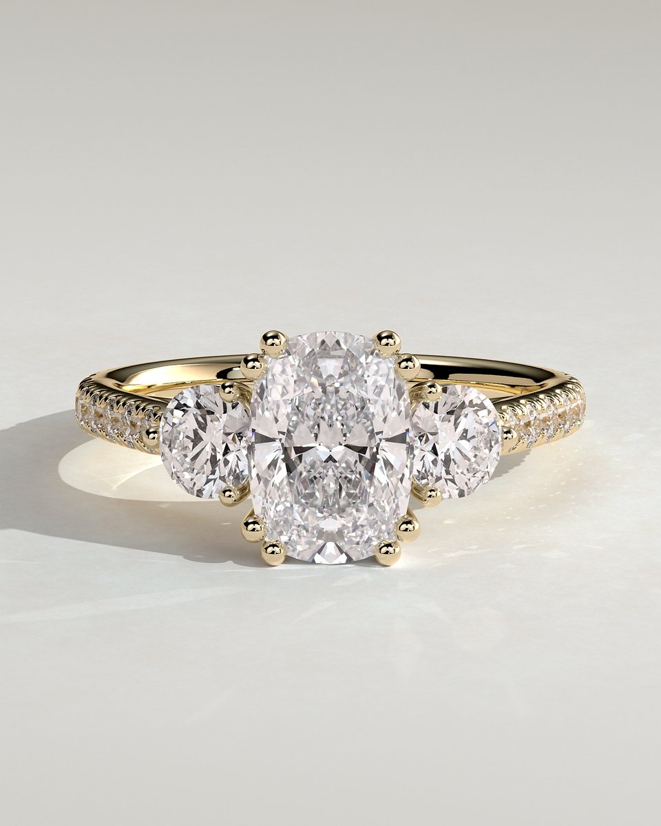MET 0156 Elongated Cushion Three Stone Engagement Ring