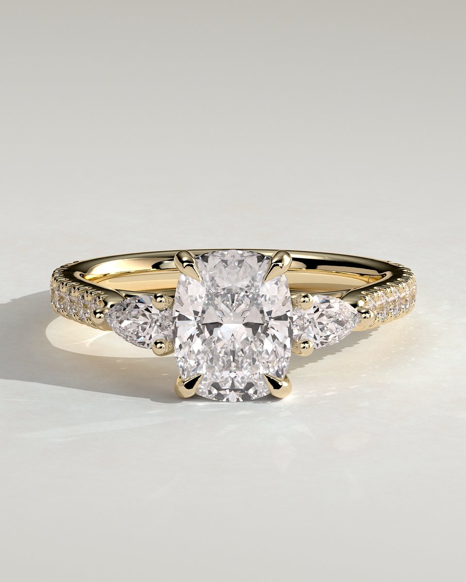 MET 0152 Elongated Cushion Three Stone Engagement Ring