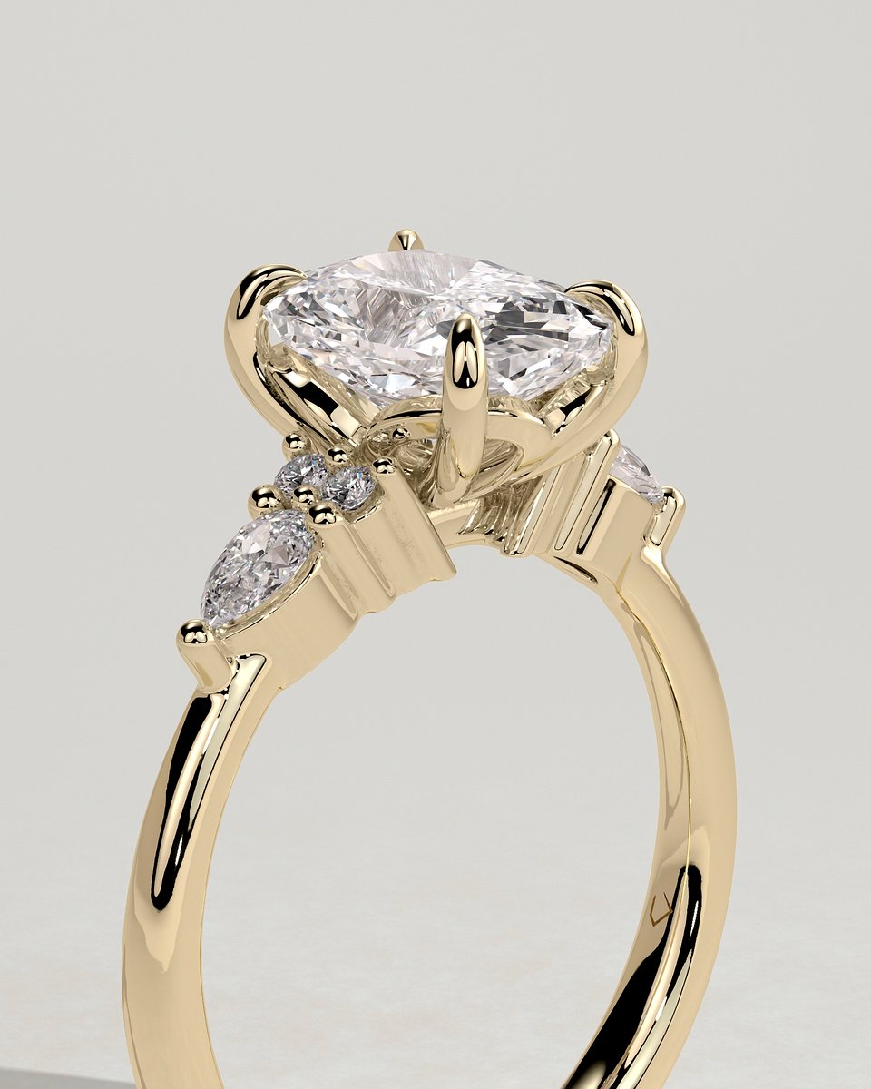 MET 0067 Elongated Cushion Three Stone Engagement Ring