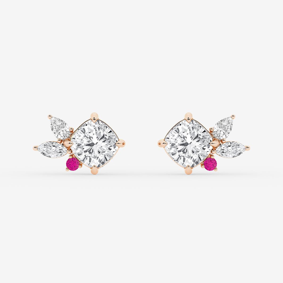 GBK014 Floral diamond and pink sapphire stud earrings