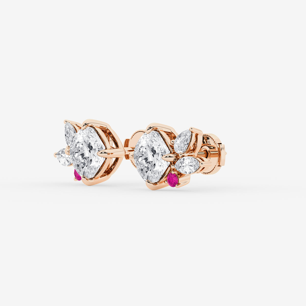 GBK014 Floral diamond and pink sapphire stud earrings
