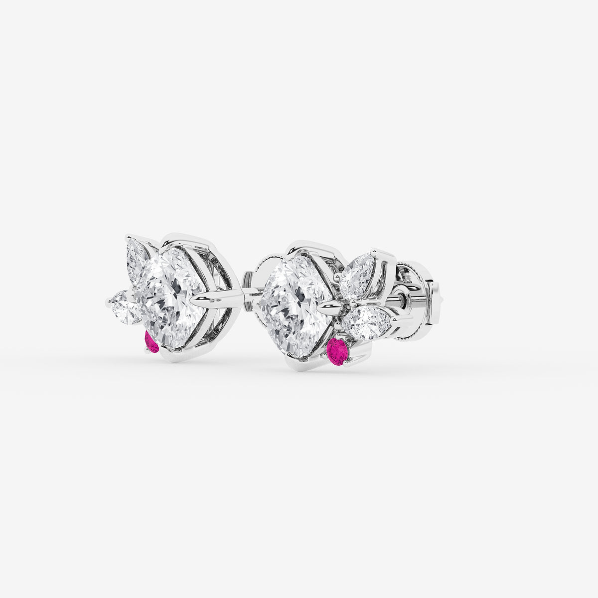 GBK014 Floral diamond and pink sapphire stud earrings