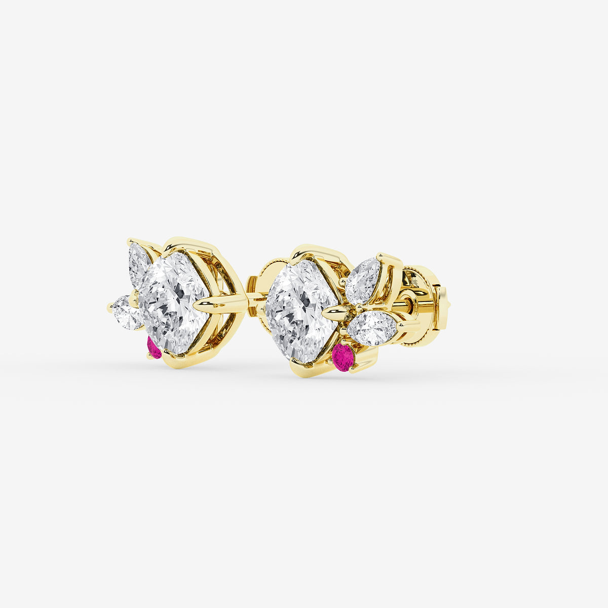 GBK014 Floral diamond and pink sapphire stud earrings