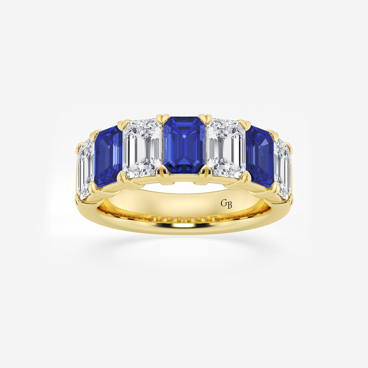 GWA015 - product video for 6 x 4 mm Emerald Cut Sapphire and 2 7/8 ctw Emerald Lab Grown Diamond Anniversary Band