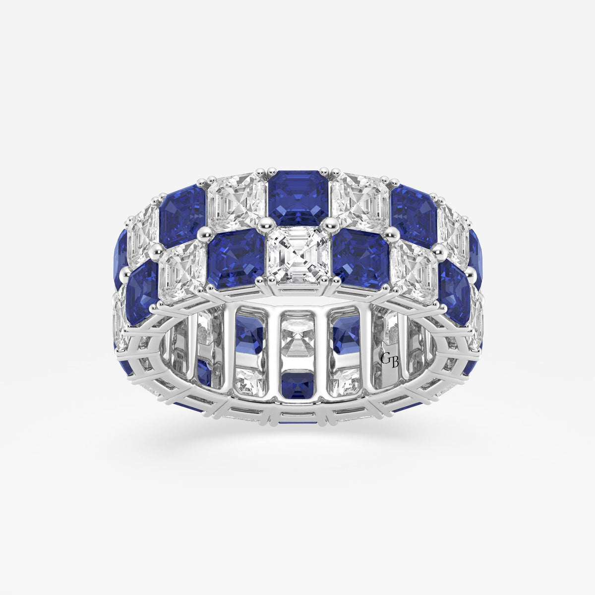 GWA195 - 3.6x3.6 mm Asscher Cut Sapphire and 5 1/2 ctw Asscher Lab Grown Diamond Alternating Two Row Eternity Band - 7.4mm Width