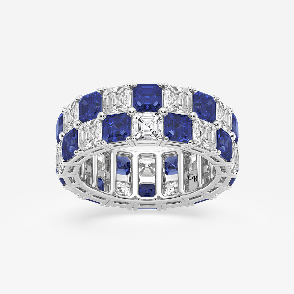 GWA195 - product video for 3.6x3.6 mm Asscher Cut Sapphire and 5 1/2 ctw Asscher Lab Grown Diamond Alternating Two Row Eternity Band - 7.4mm Width