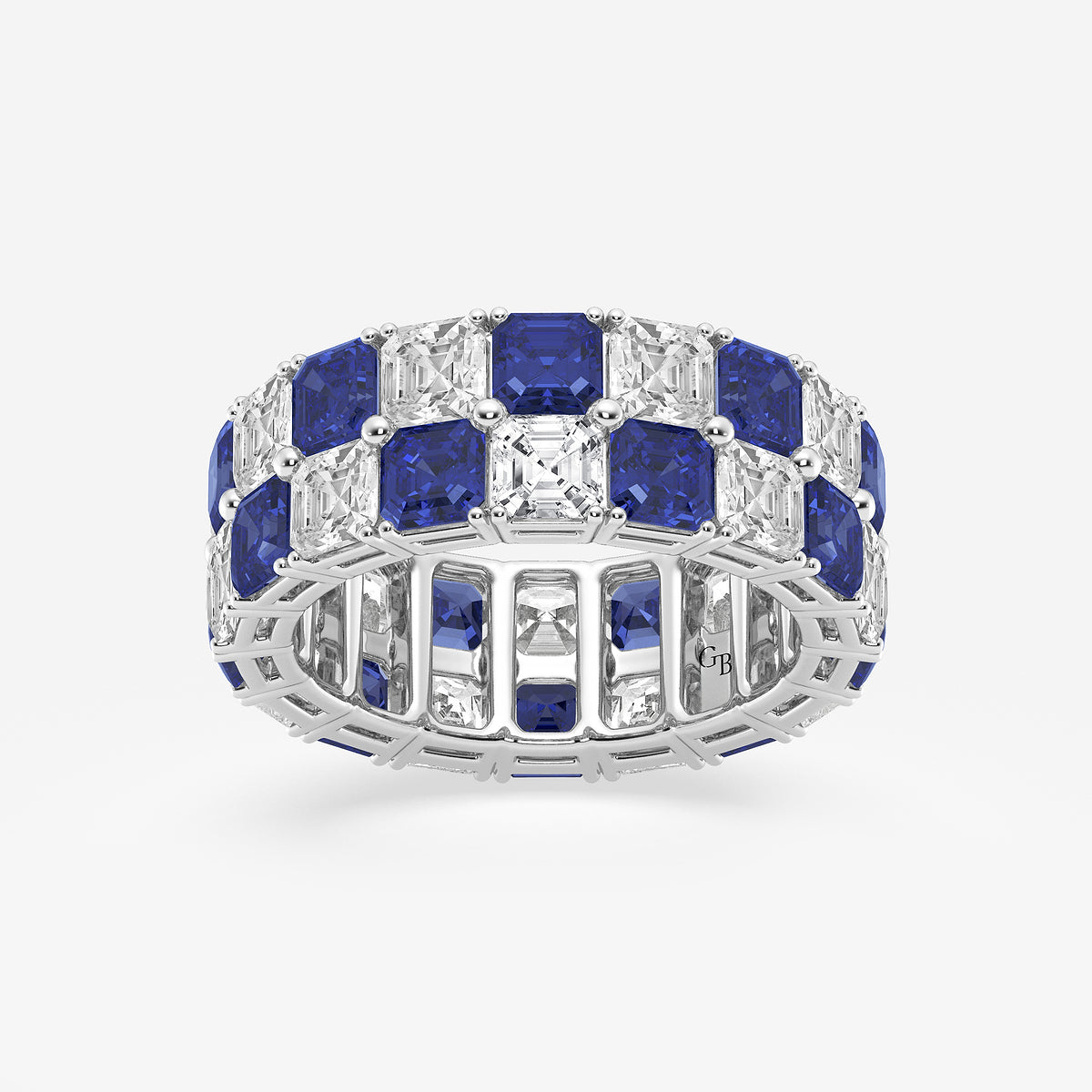 GWA195 - product video for 3.6x3.6 mm Asscher Cut Sapphire and 5 1/2 ctw Asscher Lab Grown Diamond Alternating Two Row Eternity Band - 7.4mm Width