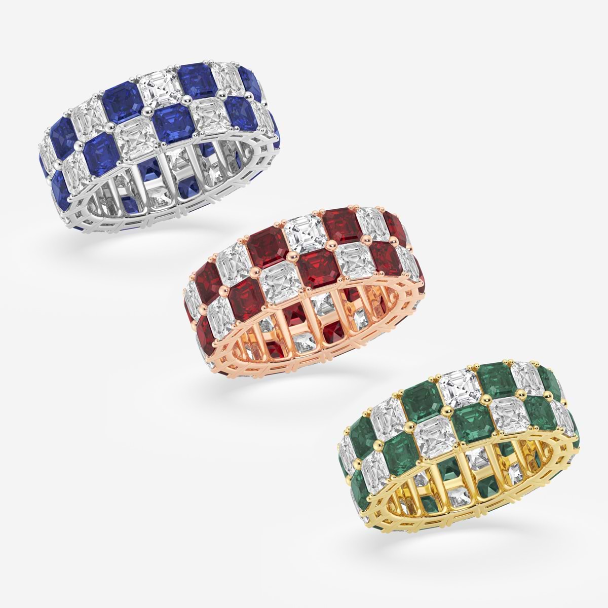 GWA195 - Additional Image 2 for  3.6x3.6 mm Asscher Cut Emerald and 5 1/2 ctw Asscher Lab Grown Diamond Alternating Two Row Eternity Band - 7.4mm Width