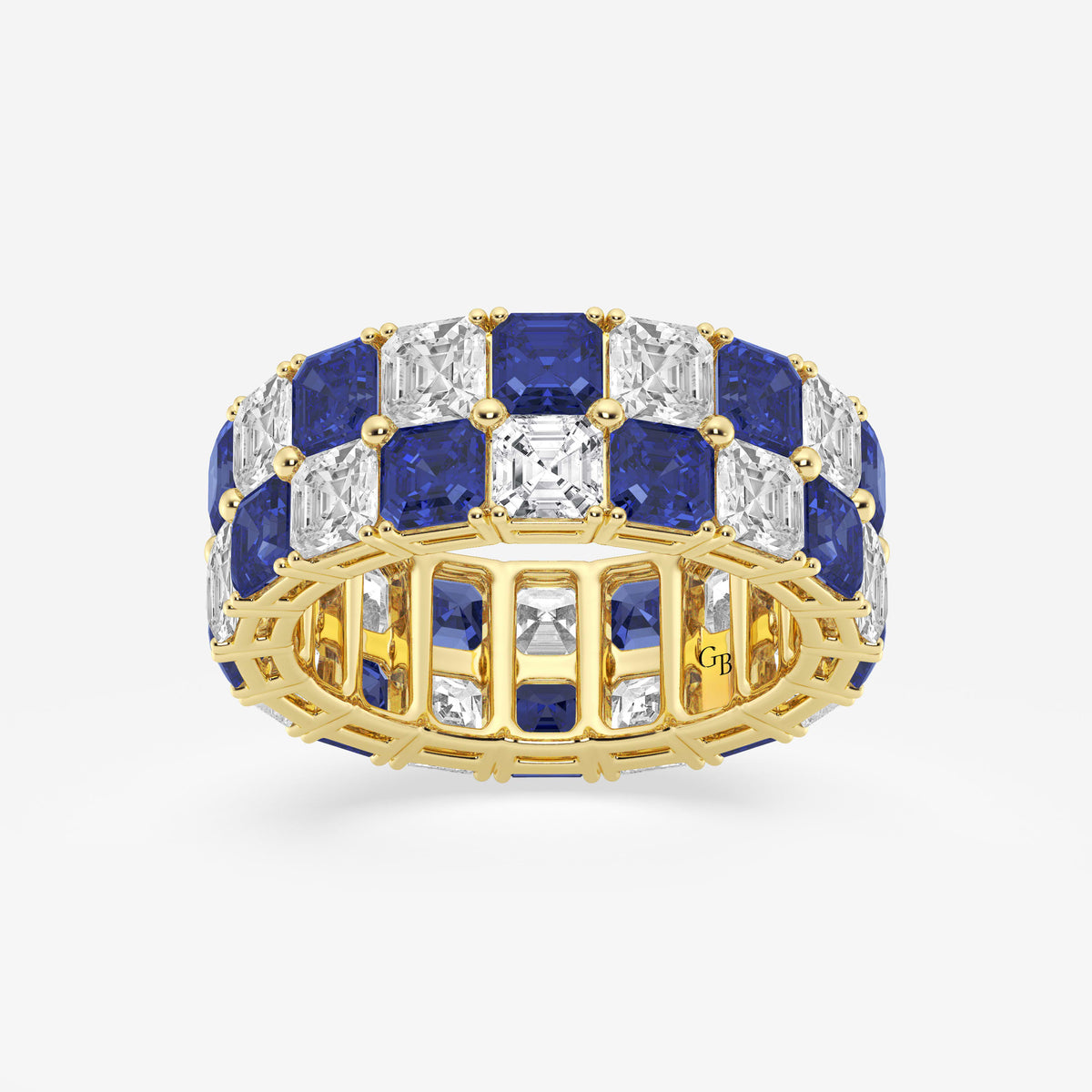GWA195 - 3.6x3.6 mm Asscher Cut Sapphire and 5 1/2 ctw Asscher Lab Grown Diamond Alternating Two Row Eternity Band - 7.4mm Width
