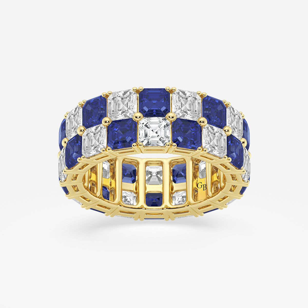 GWA195 - product video for 3.6x3.6 mm Asscher Cut Sapphire and 5 1/2 ctw Asscher Lab Grown Diamond Alternating Two Row Eternity Band - 7.4mm Width