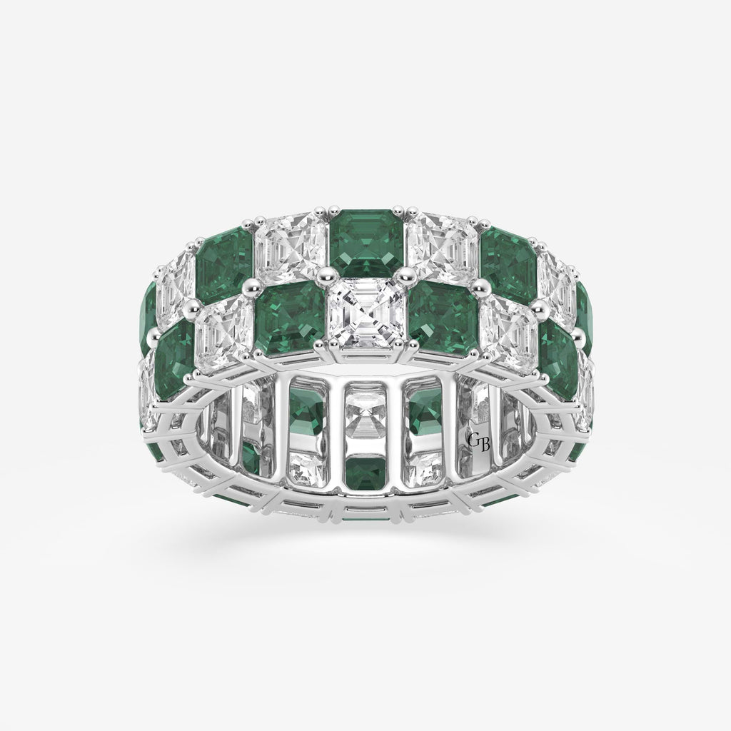 GWA195 - 3.6x3.6 mm Asscher Cut Emerald and 5 1/2 ctw Asscher Lab Grown Diamond Alternating Two Row Eternity Band - 7.4mm Width
