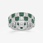 GWA195 - 3.6x3.6 mm Asscher Cut Emerald and 5 1/2 ctw Asscher Lab Grown Diamond Alternating Two Row Eternity Band - 7.4mm Width