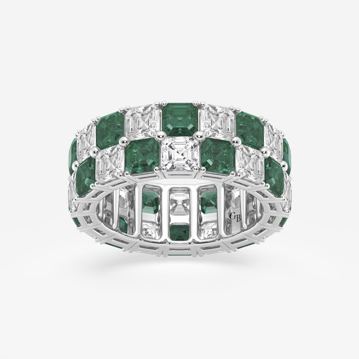 GWA195 - 3.6x3.6 mm Asscher Cut Emerald and 5 1/2 ctw Asscher Lab Grown Diamond Alternating Two Row Eternity Band - 7.4mm Width