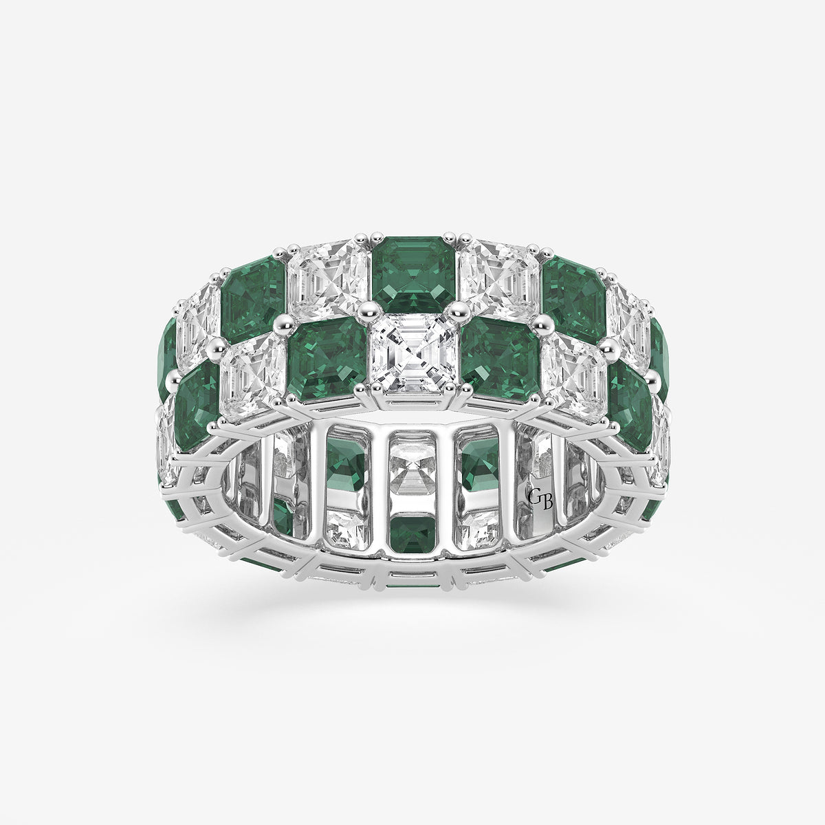 GWA195 - product video for 3.6x3.6 mm Asscher Cut Emerald and 5 1/2 ctw Asscher Lab Grown Diamond Alternating Two Row Eternity Band - 7.4mm Width