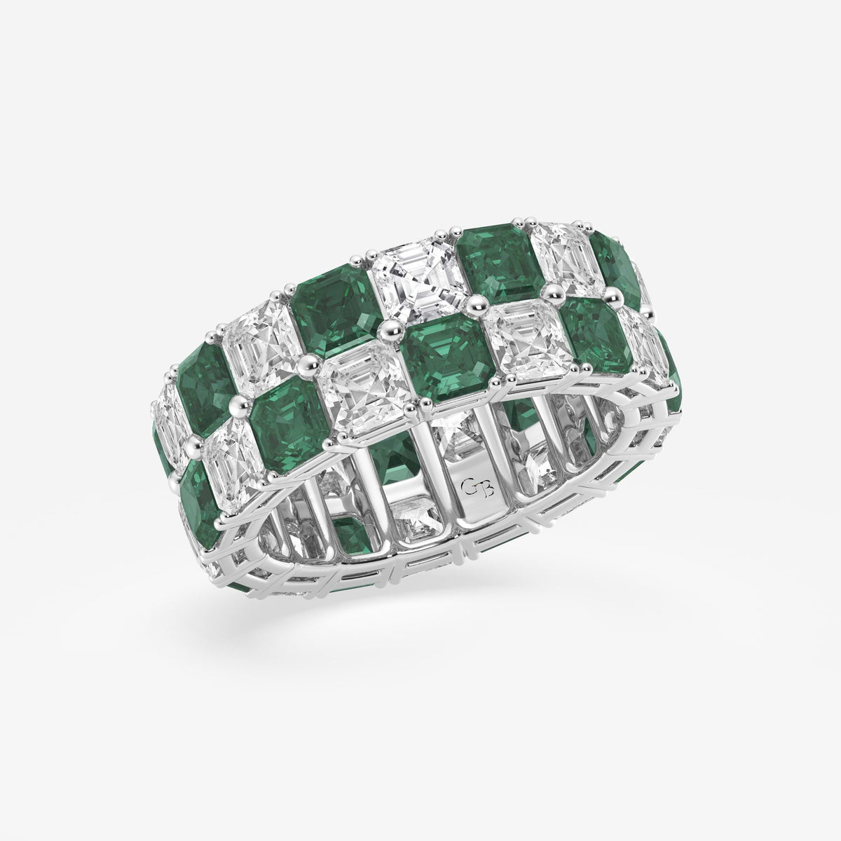 GWA195 - Additional Image 1 for  3.6x3.6 mm Asscher Cut Emerald and 5 1/2 ctw Asscher Lab Grown Diamond Alternating Two Row Eternity Band - 7.4mm Width