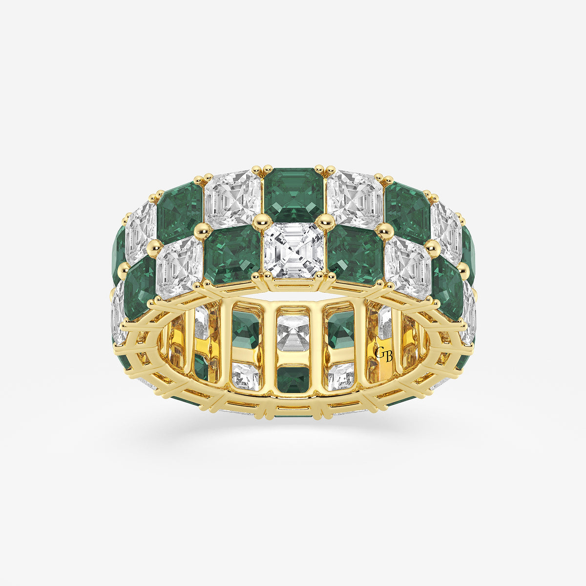 GWA195 - product video for 3.6x3.6 mm Asscher Cut Emerald and 5 1/2 ctw Asscher Lab Grown Diamond Alternating Two Row Eternity Band - 7.4mm Width