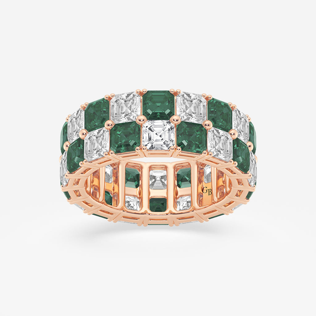GWA195 - product video for 3.6x3.6 mm Asscher Cut Emerald and 5 1/2 ctw Asscher Lab Grown Diamond Alternating Two Row Eternity Band - 7.4mm Width