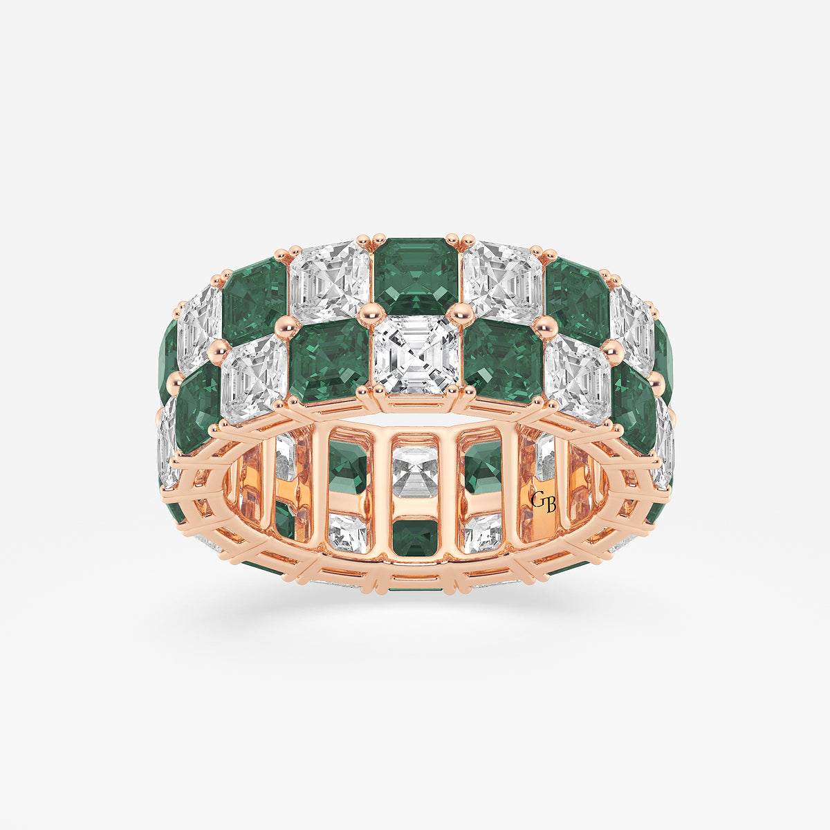 GWA195 - product video for 3.6x3.6 mm Asscher Cut Emerald and 5 1/2 ctw Asscher Lab Grown Diamond Alternating Two Row Eternity Band - 7.4mm Width