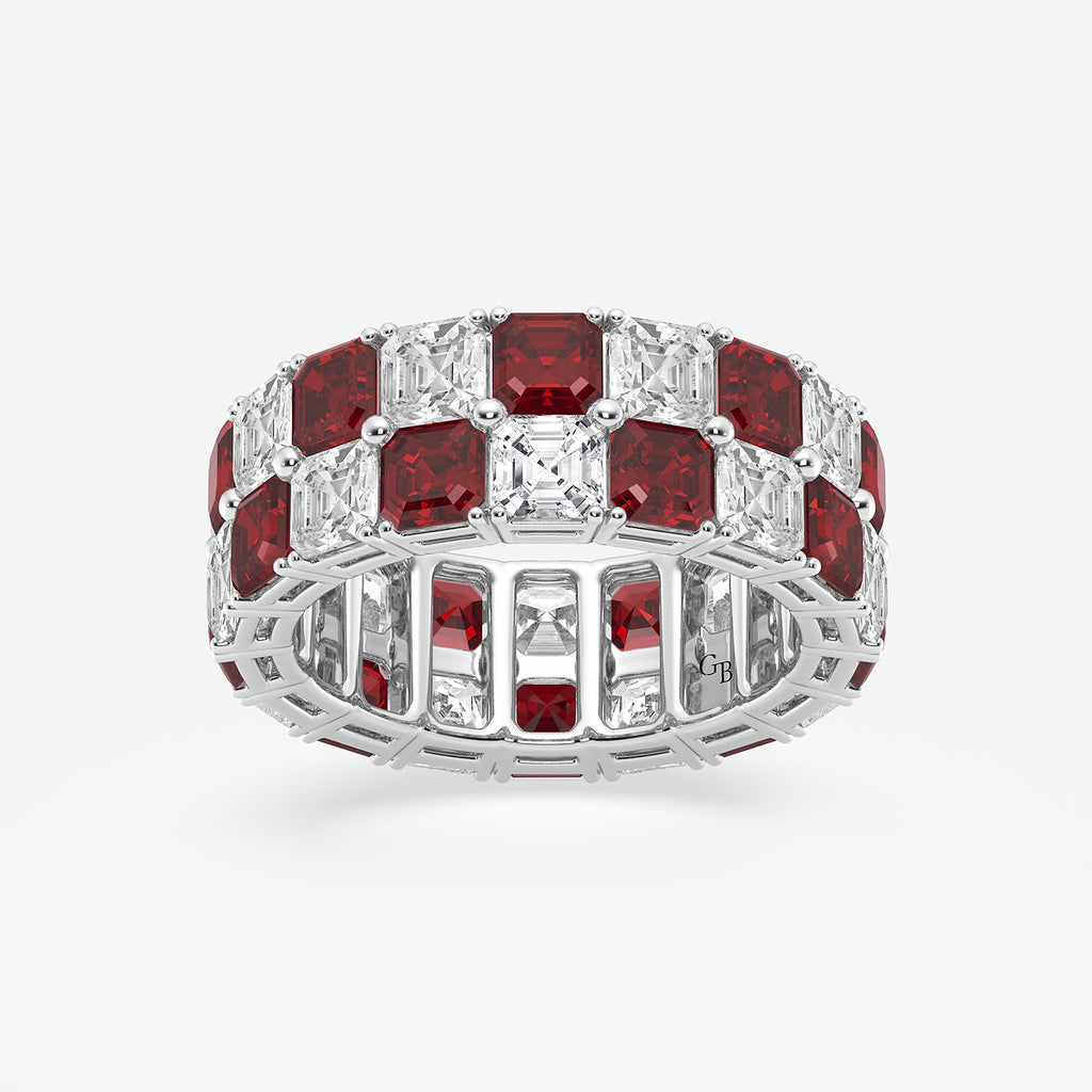 GWA195 - product video for 3.6x3.6 mm Asscher Cut Ruby and 5 1/2 ctw Asscher Lab Grown Diamond Alternating Two Row Eternity Band - 7.4mm Width