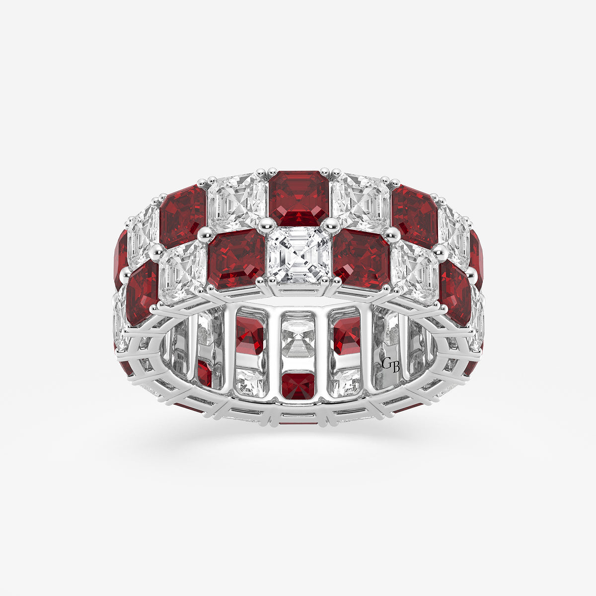 GWA195 - product video for 3.6x3.6 mm Asscher Cut Ruby and 5 1/2 ctw Asscher Lab Grown Diamond Alternating Two Row Eternity Band - 7.4mm Width