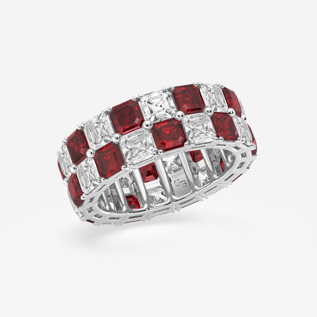 GWA195 - Additional Image 1 for  3.6x3.6 mm Asscher Cut Ruby and 5 1/2 ctw Asscher Lab Grown Diamond Alternating Two Row Eternity Band - 7.4mm Width