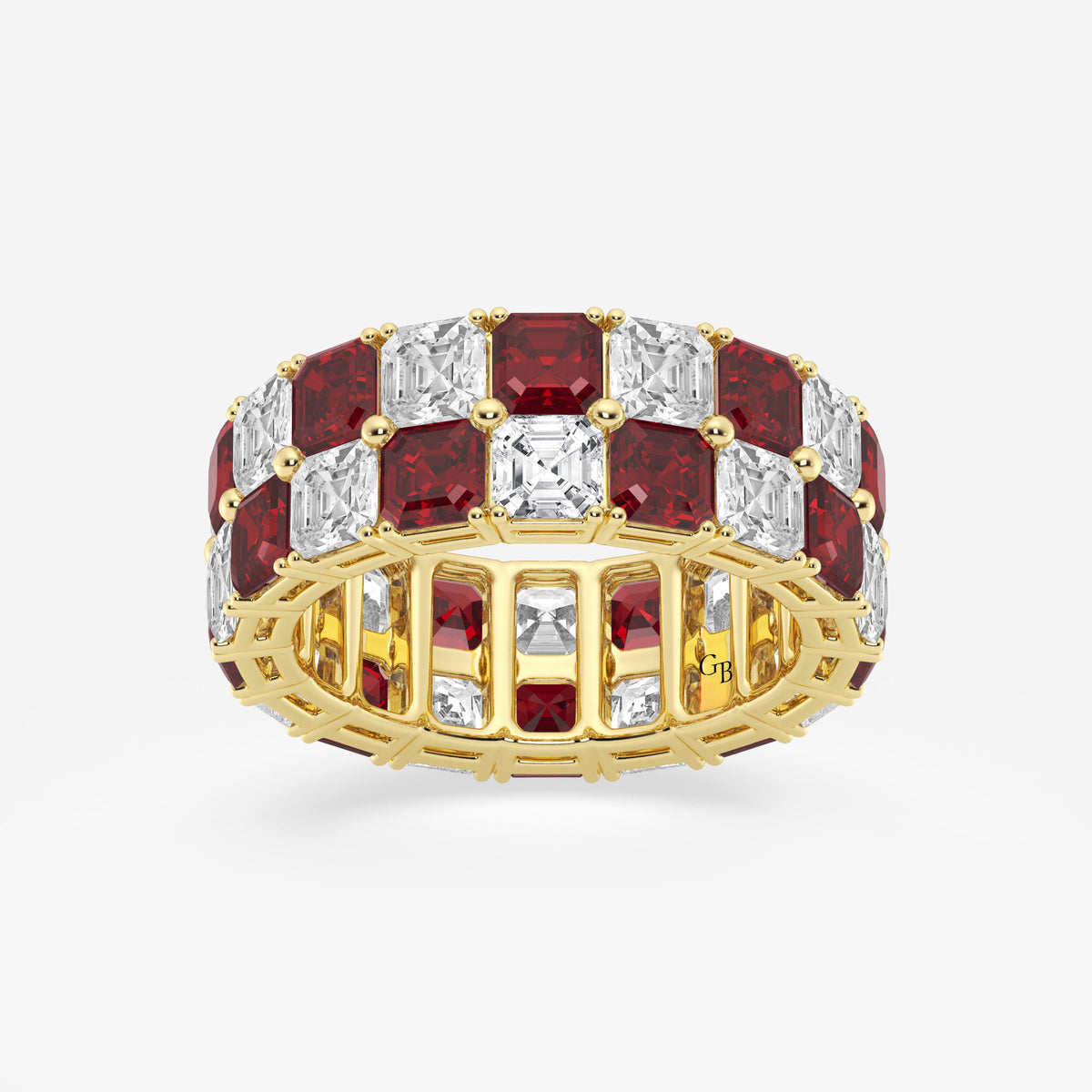 GWA195 - 3.6x3.6 mm Asscher Cut Ruby and 5 1/2 ctw Asscher Lab Grown Diamond Alternating Two Row Eternity Band - 7.4mm Width