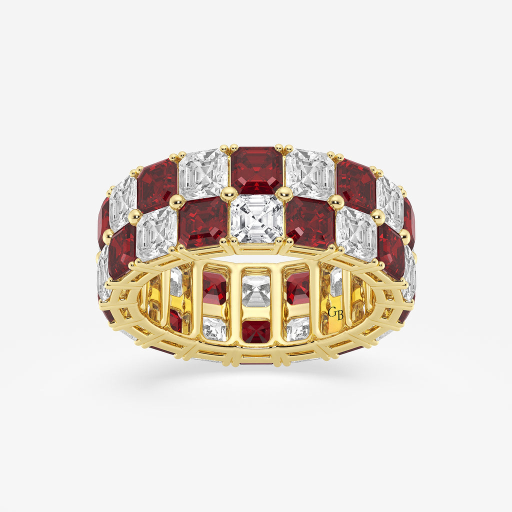 GWA195 - product video for 3.6x3.6 mm Asscher Cut Ruby and 5 1/2 ctw Asscher Lab Grown Diamond Alternating Two Row Eternity Band - 7.4mm Width