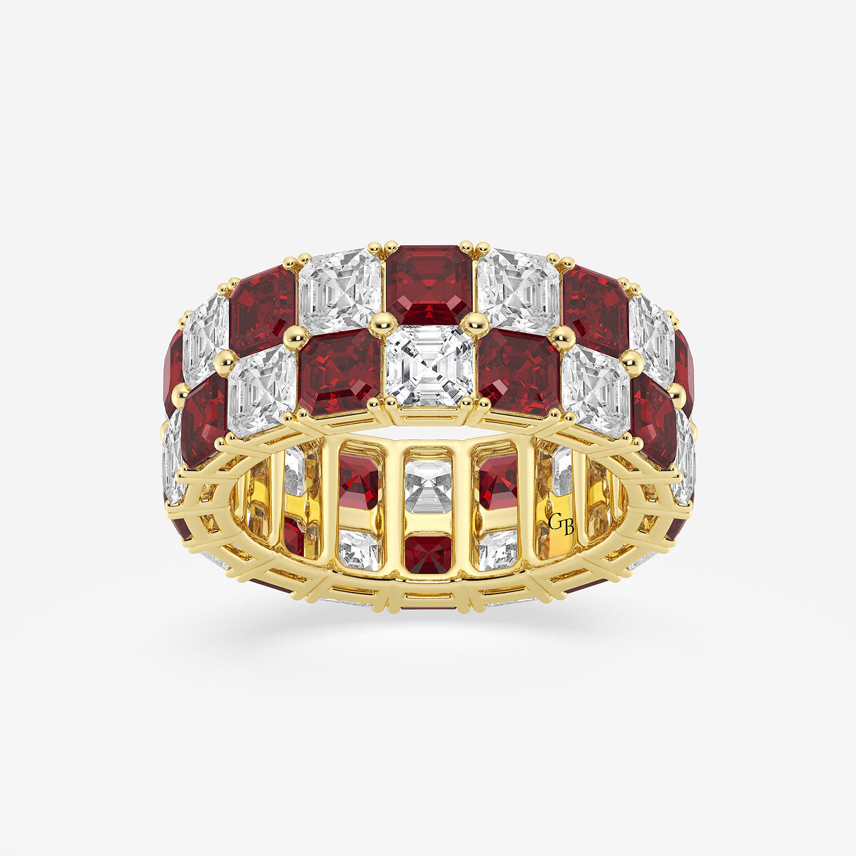 GWA195 - product video for 3.6x3.6 mm Asscher Cut Ruby and 5 1/2 ctw Asscher Lab Grown Diamond Alternating Two Row Eternity Band - 7.4mm Width