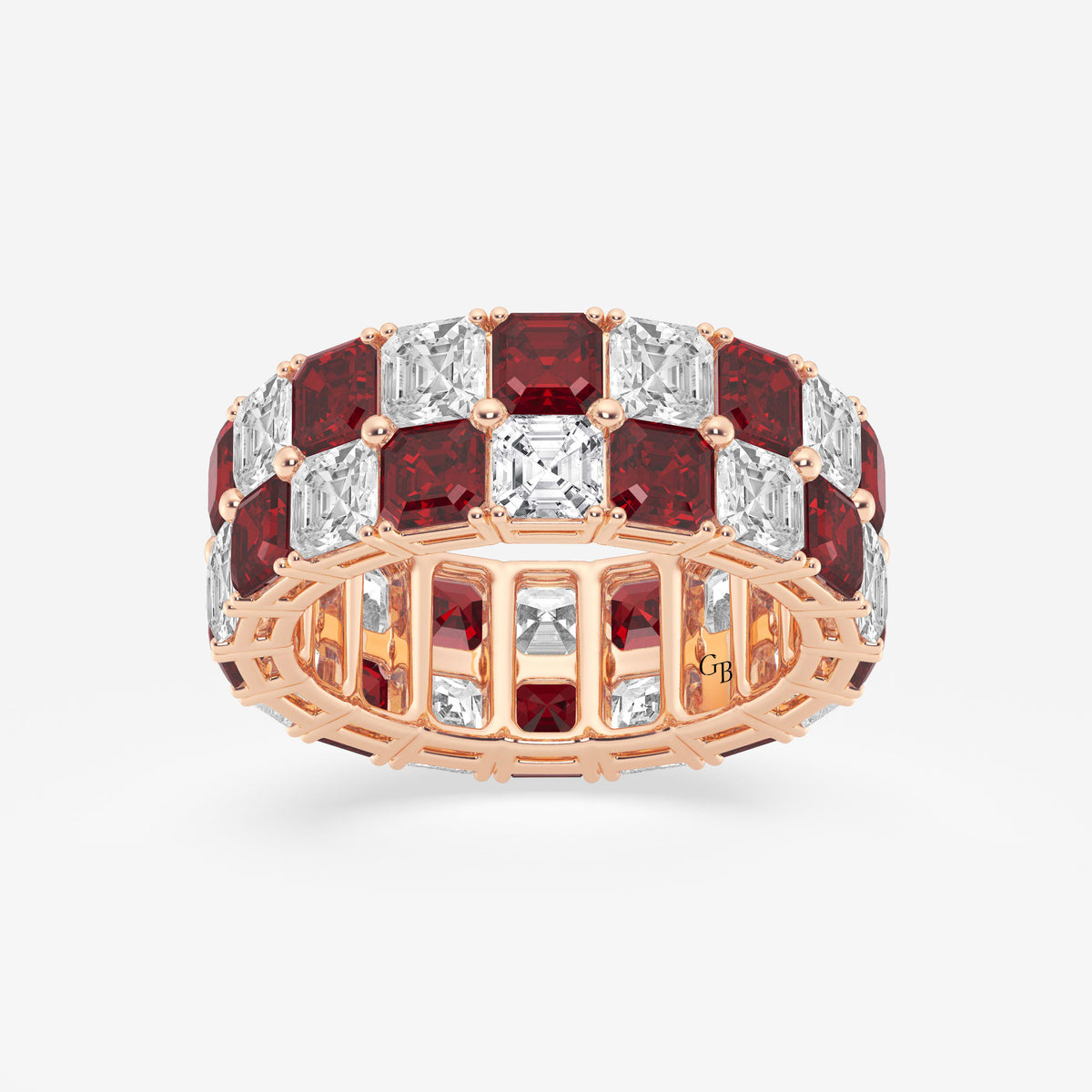 GWA195 - 3.6x3.6 mm Asscher Cut Ruby and 5 1/2 ctw Asscher Lab Grown Diamond Alternating Two Row Eternity Band - 7.4mm Width