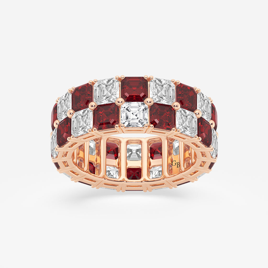 GWA195 - product video for 3.6x3.6 mm Asscher Cut Ruby and 5 1/2 ctw Asscher Lab Grown Diamond Alternating Two Row Eternity Band - 7.4mm Width