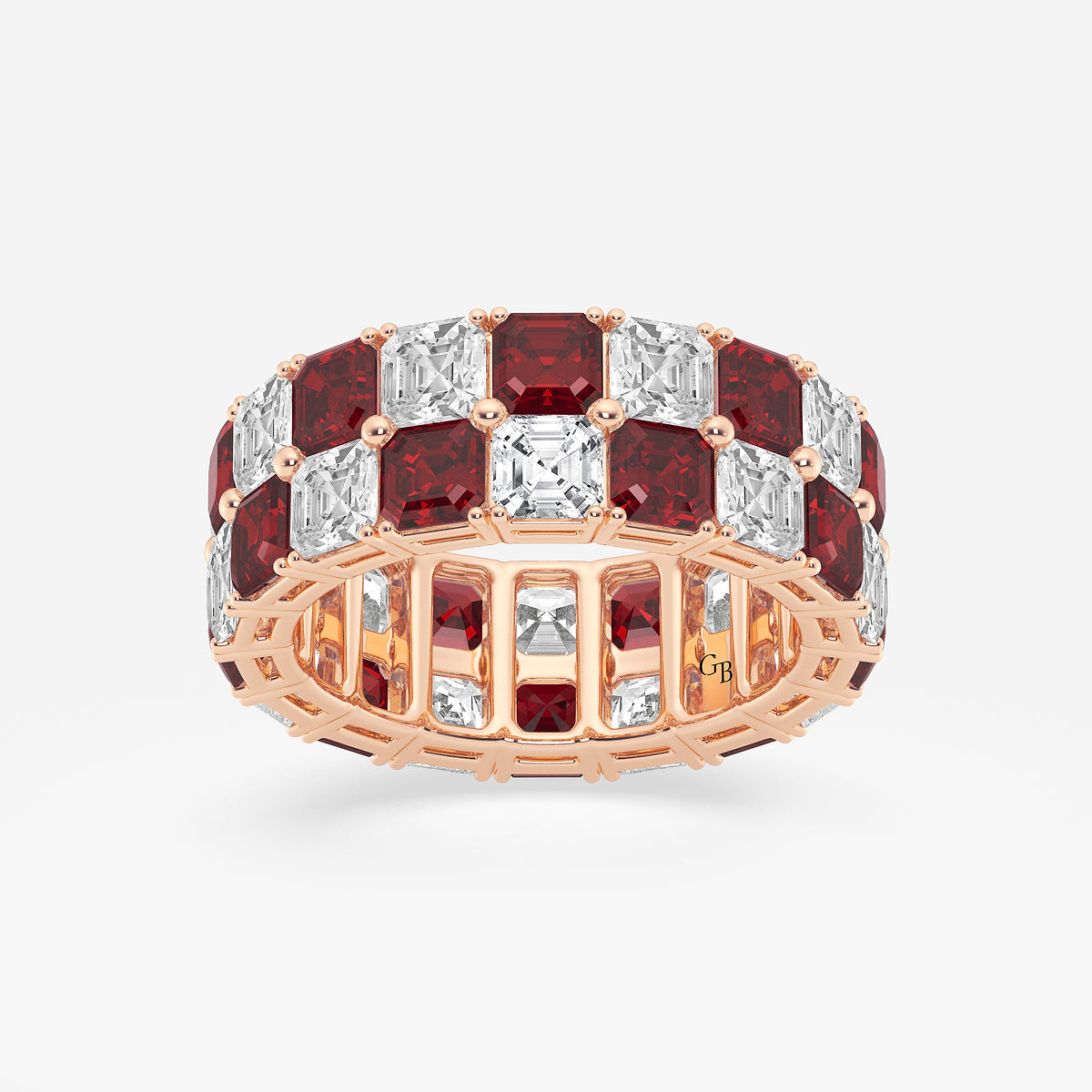 GWA195 - product video for 3.6x3.6 mm Asscher Cut Ruby and 5 1/2 ctw Asscher Lab Grown Diamond Alternating Two Row Eternity Band - 7.4mm Width