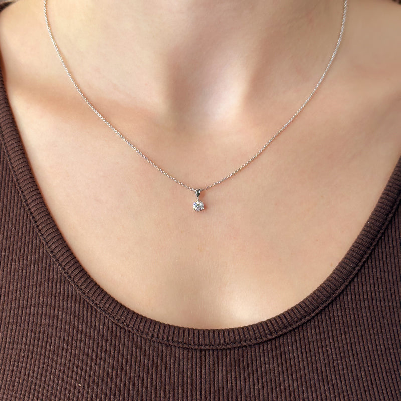 Three Prong Lab Grown Diamond Solitaire Bail Pendant — MET-WN-0041 — source LGP200082-neck.jpg