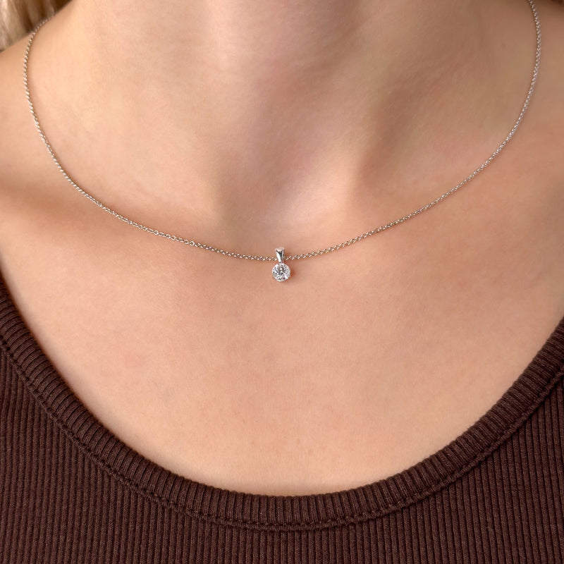 Three Prong Lab Grown Diamond Solitaire Bail Pendant — MET-WN-0041 — source LGP330009-neck.jpg