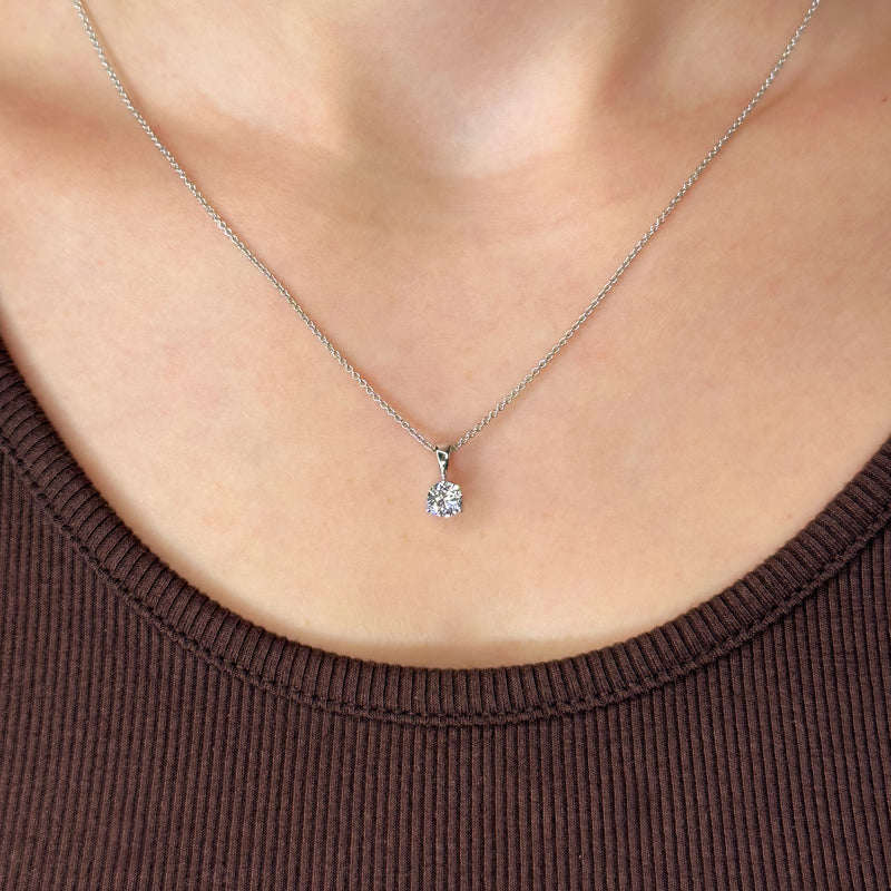 Three Prong Lab Grown Diamond Solitaire Bail Pendant — MET-WN-0041 — source LGP500064-neck.jpg