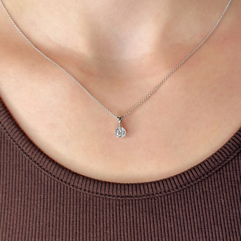 Three Prong Lab Grown Diamond Solitaire Bail Pendant — MET-WN-0041 — source LGP750055-neck.jpg