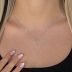 Floating Marquise and Round Lab Grown Diamond Cross Necklace (1/5ctw) — MET-WN-0034 — source LGPCR0022-hand.jpg