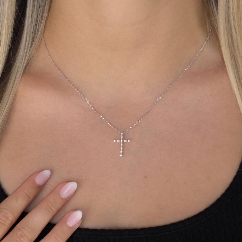 Floating Marquise and Round Lab Grown Diamond Cross Necklace (1/5ctw) — MET-WN-0034 — source LGPCR0022-hand.jpg