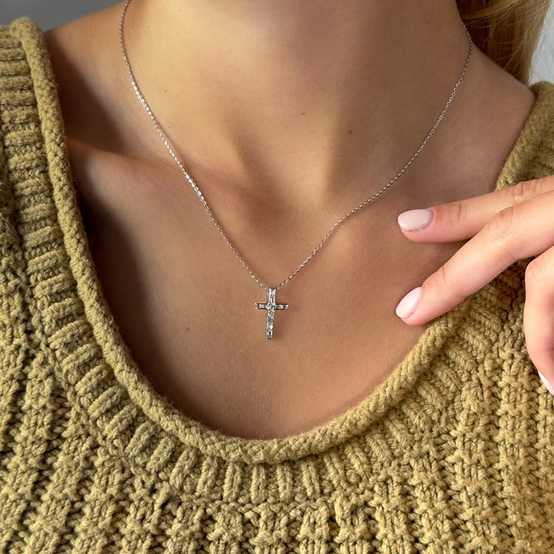 Modern Emerald Cut Lab Grown Diamond Cross Necklace (5/8ctw) — MET-WN-0038 — source LGPCR0024-hand.jpg