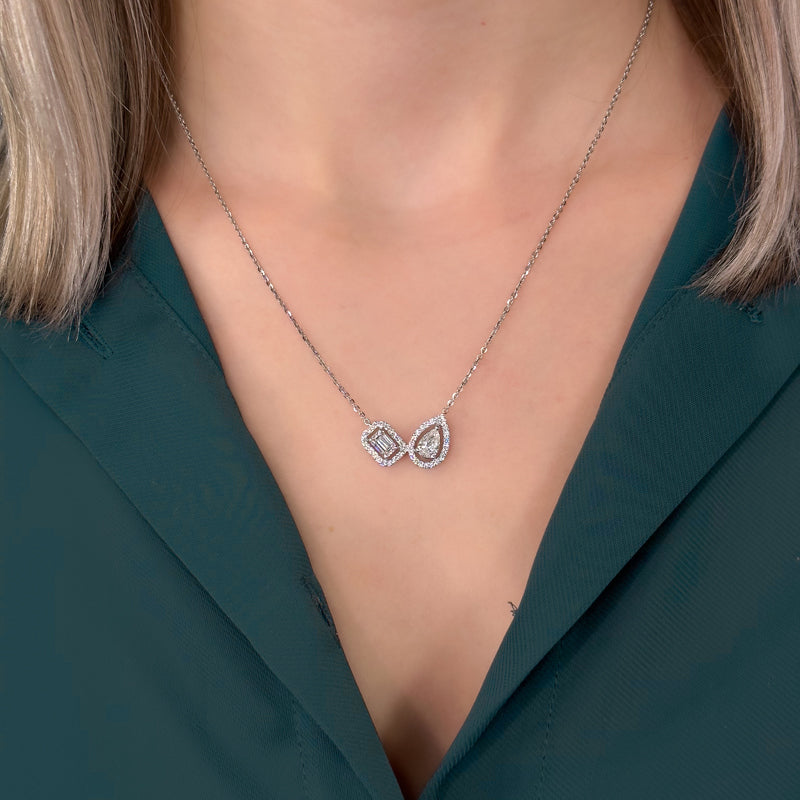 Toi et Moi Pear and Emerald Cut Lab Grown Diamond Halo Necklace (1-3/8ctw) — MET-WN-0047 — source LGWFN0060-neck.jpg