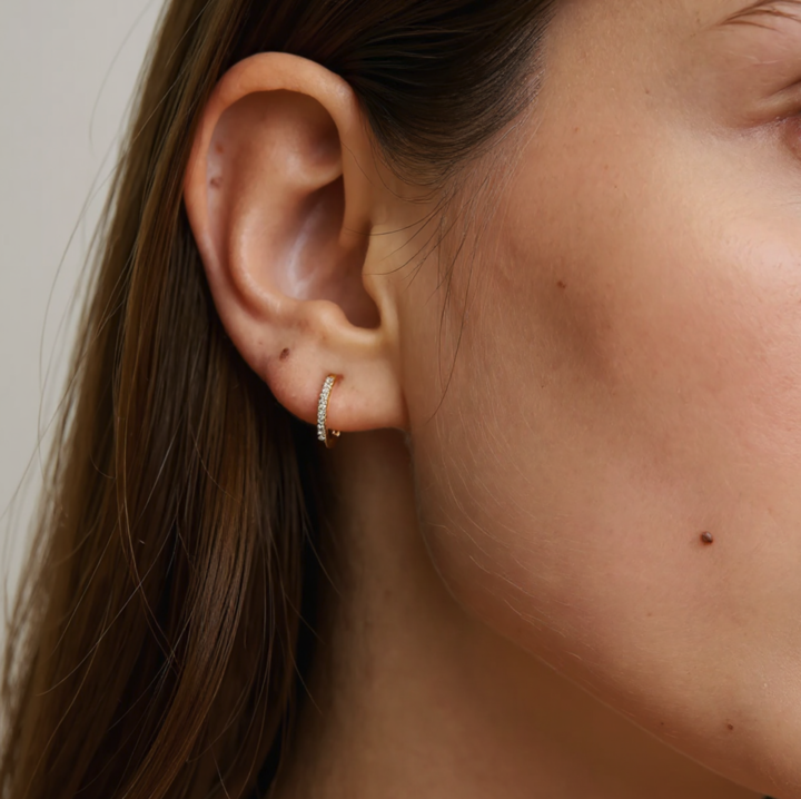 Huggie earrings worn on the ear for styling and scale; other jewelry is not included | MET-RE-0001