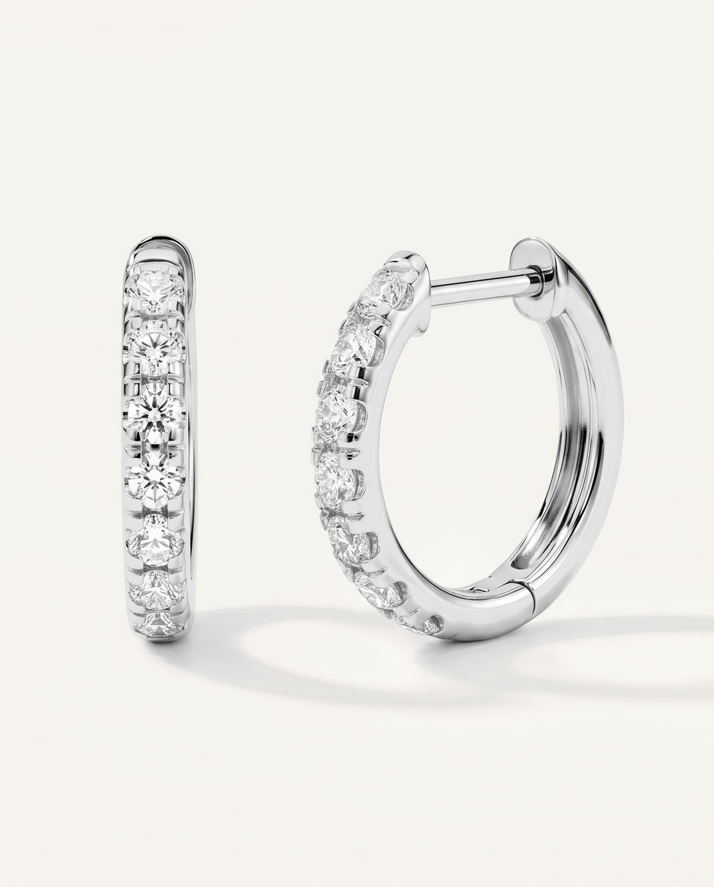 12 mm white gold lab-grown diamond hoop earrings, front and side view | MET-RE-0002