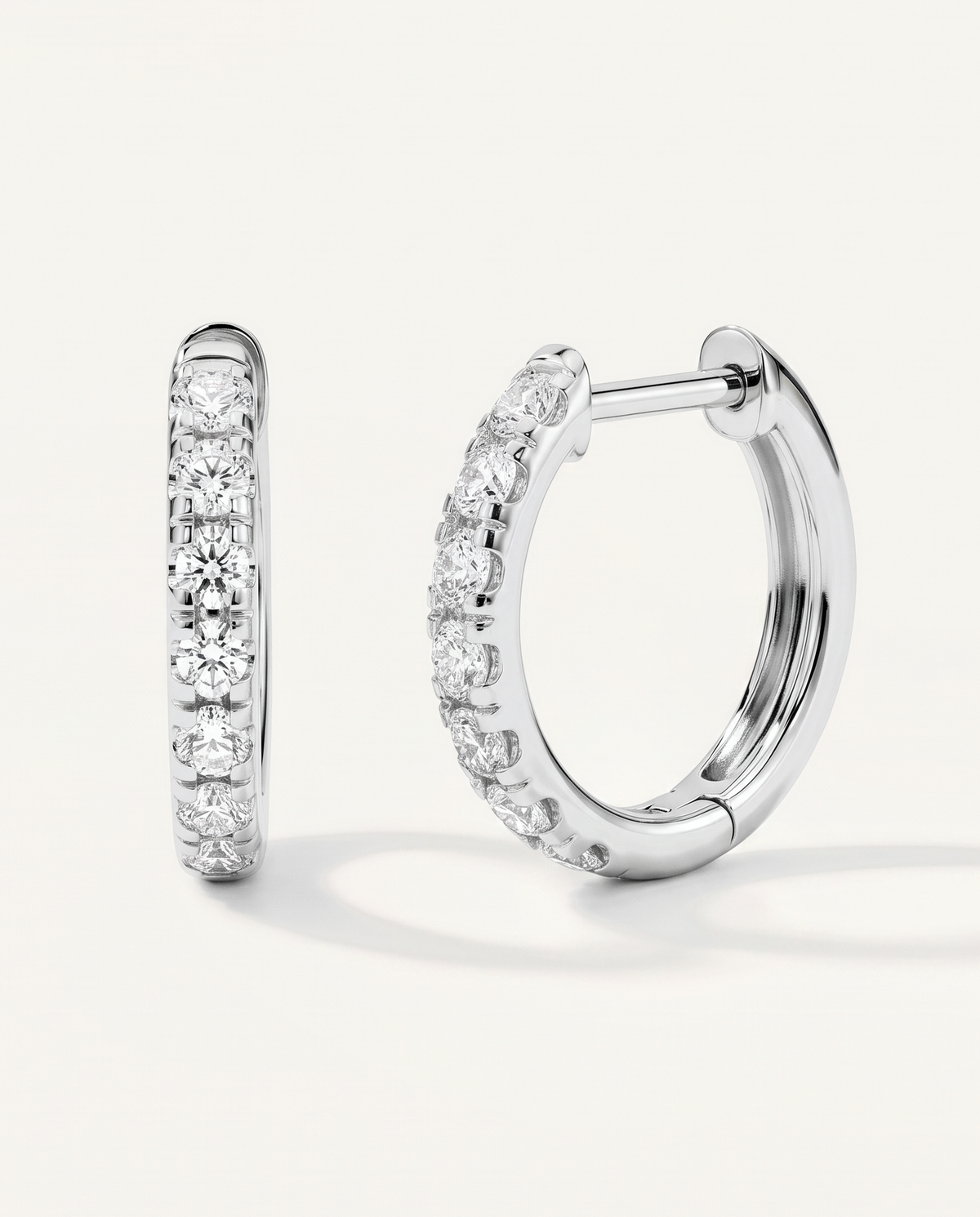 12 mm white gold lab-grown diamond hoop earrings, front and side view | MET-RE-0002