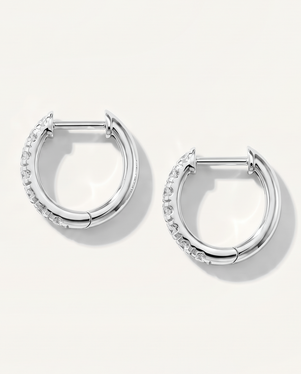 12 mm white gold lab-grown diamond hoop earrings, back and hinged closure view | MET-RE-0002