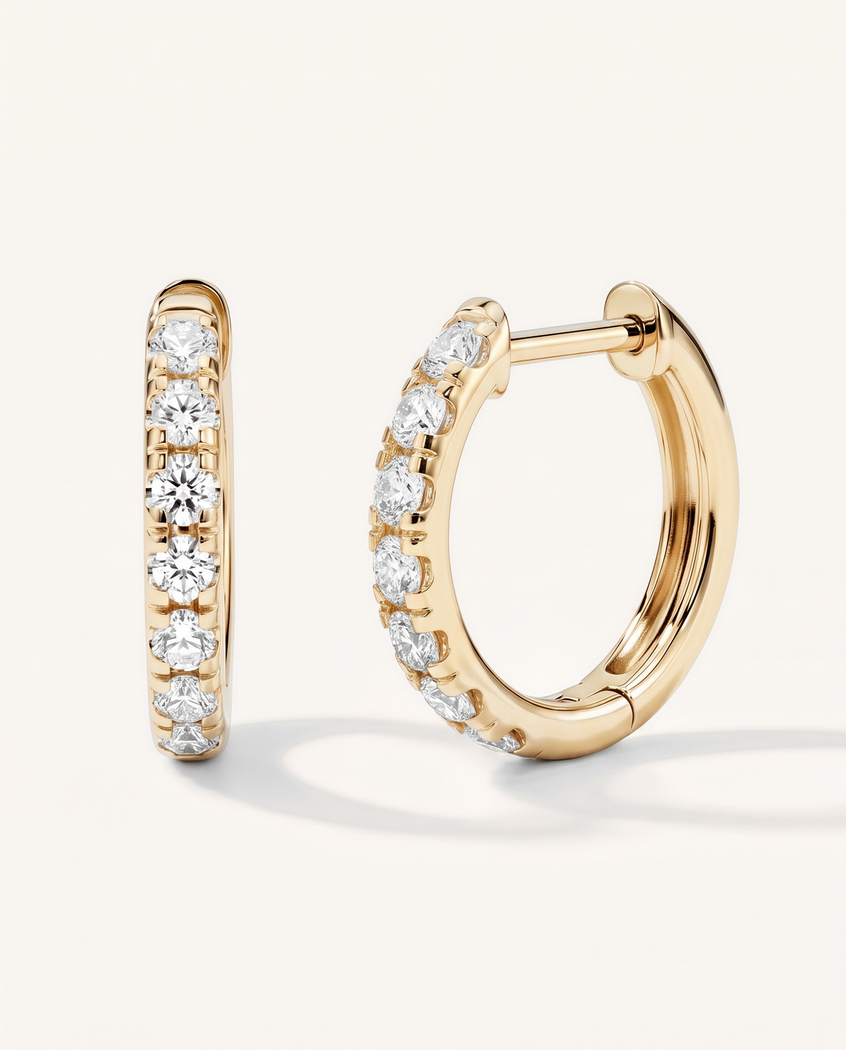 12 mm yellow gold lab-grown diamond hoop earrings, front and side view | MET-RE-0002