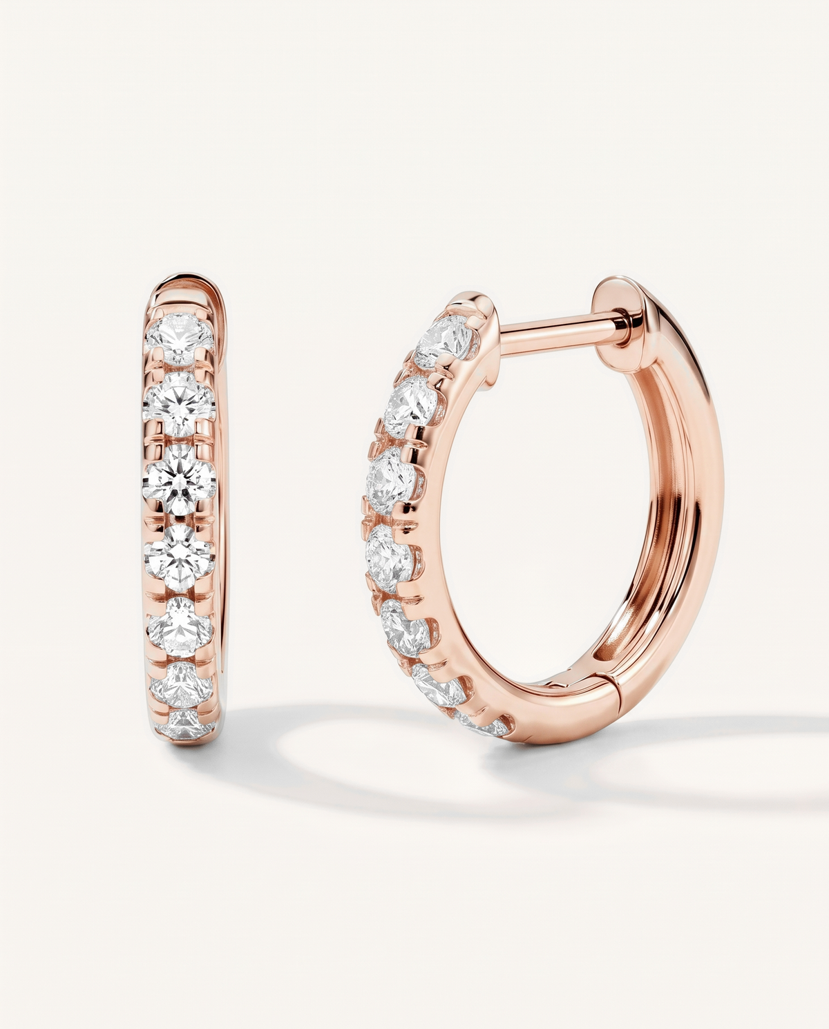 12 mm rose gold lab-grown diamond hoop earrings, front and side view | MET-RE-0002