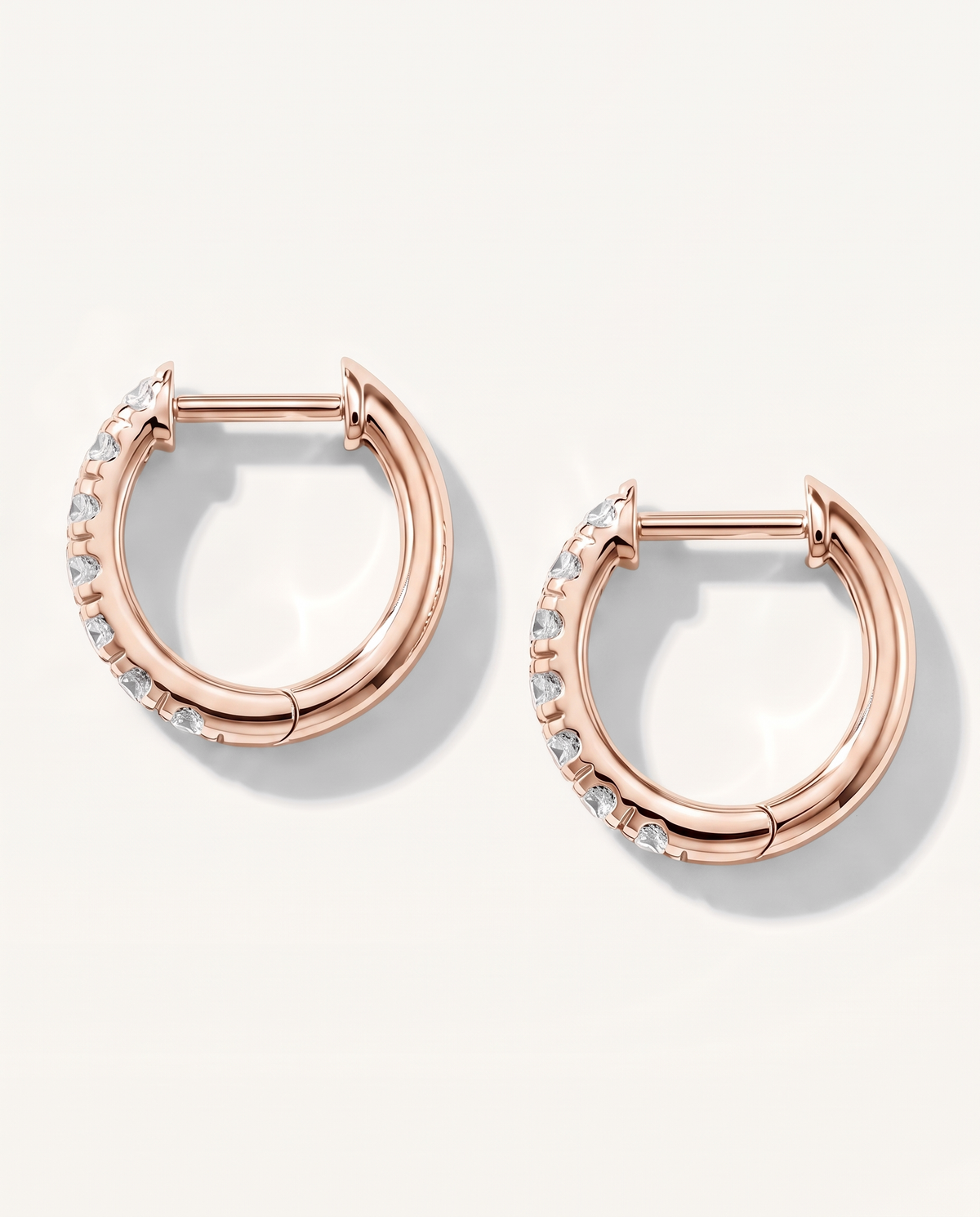 12 mm rose gold lab-grown diamond hoop earrings, back and hinged closure view | MET-RE-0002