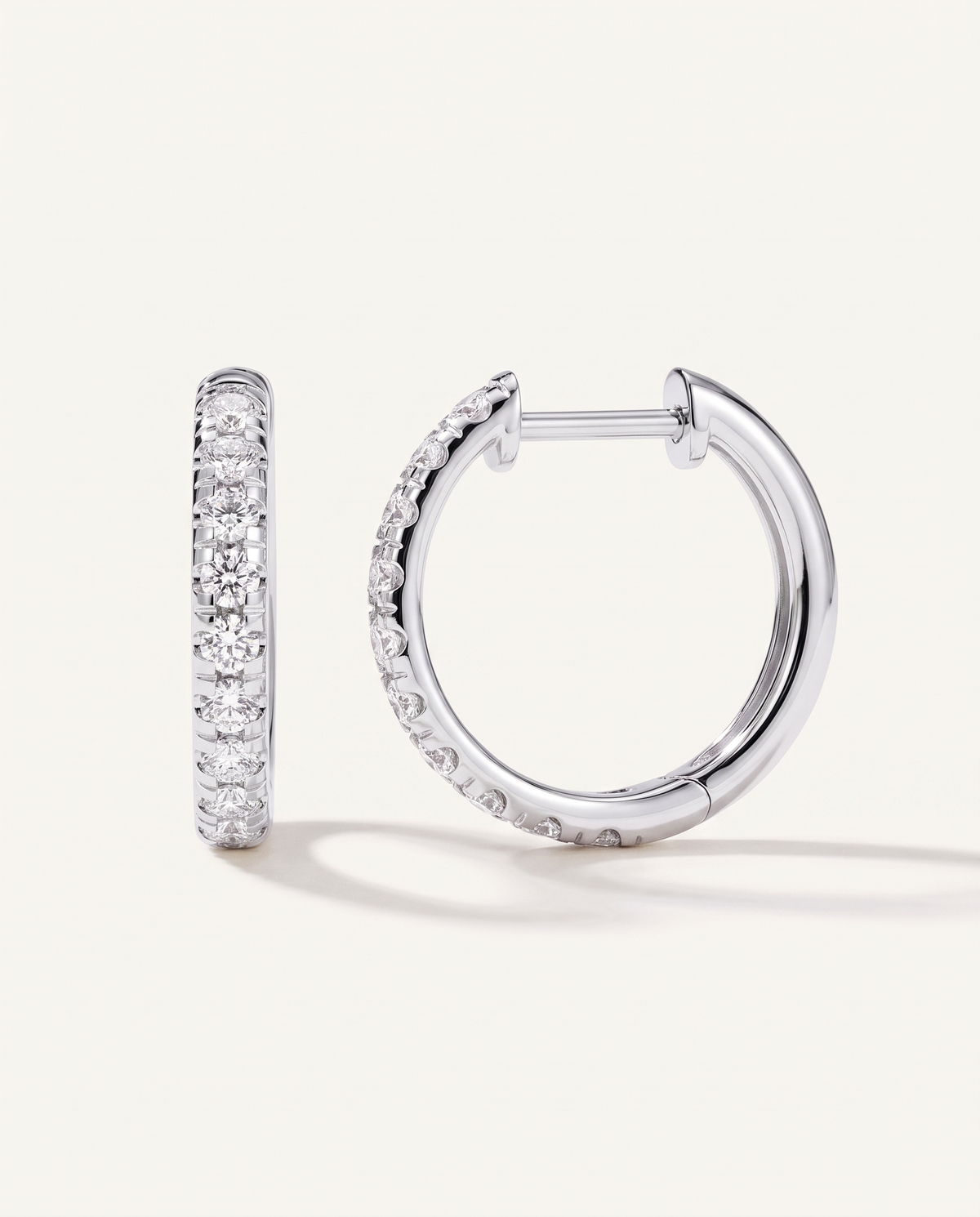 15 mm white gold lab-grown diamond hoop earrings, front and side view | MET-RE-0002